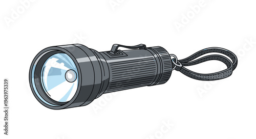 Classic grey handheld flashlight with a black textured grip and a wrist strap lying horizontally on a white background.