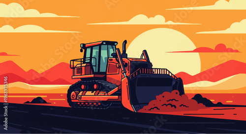 Powerful heavy machinery, a bulldozer, diligently works on a construction site at sunset, moving earth under a warm, glowing sky, symbolizing progress and industrial development