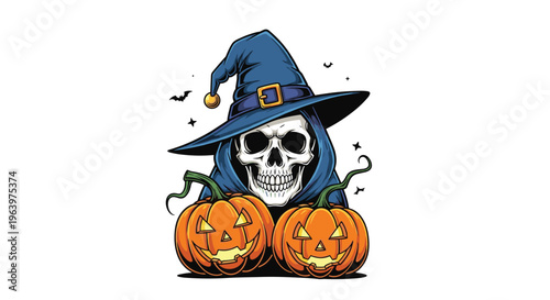 Spooky human skull wearing a blue wizard hat and cloak flanked by two carved orange pumpkins for halloween decoration.