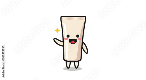Happy beige cream tube character with a cute face waving one hand and sparkling with a small yellow star on white background.