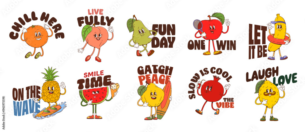 Obraz premium Funny tropical fruits y2k groovy stickers. Vector set of cartoon orange, peach, pear and apple, banana, pineapple or watermelon, lemon, pomegranate and lime, fruit characters with positive phrases