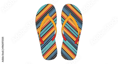 Pair of summer flip flops with a vibrant multi colored diagonal striped pattern and bright yellow straps on white background.