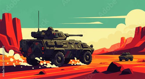Military armored vehicle driving through a desert landscape with mountains in the background