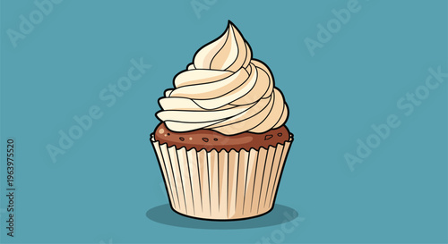 Delicious chocolate cupcake with a tall swirl of light cream frosting in a pleated paper cup against a blue background.