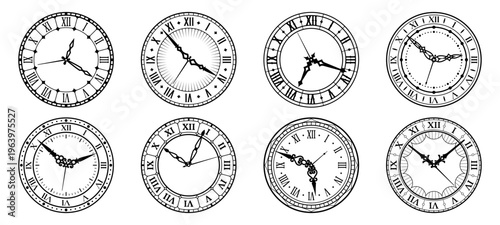 Vintage clock faces with round dials, roman numbers and retro ornate hands. vector watch dials signs set. Watchfaces with black antique ornaments. Classic hour time symbols, isolated monochrome clocks