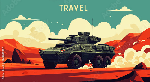 A powerful armored vehicle navigates an expansive, stylized Martian-like desert under a dramatic sky, evoking a sense of epic journey and discovery across unknown terrains