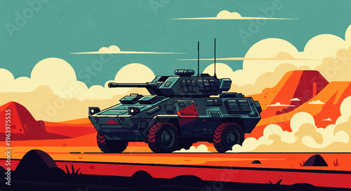 A formidable armored vehicle traversing a vast, vibrant desert landscape under a dynamic sky, symbolizing power, resilience, and advanced military technology in challenging environments