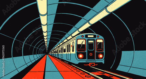 A stylized illustration capturing the dynamic journey of a modern subway train speeding through a dimly lit underground tunnel, symbolizing urban connectivity and rapid transit
