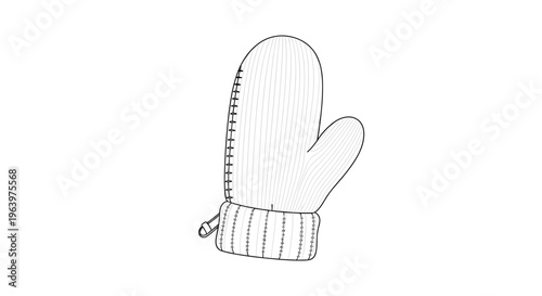 Black and white line art illustration of a cozy knitted winter mitten with detailed stitch patterns on a white background.