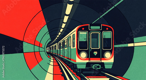Dynamic graphic illustration portraying a modern subway train accelerating through a geometrically stylized tunnel, featuring vibrant concentric patterns and a retro-futuristic aesthetic