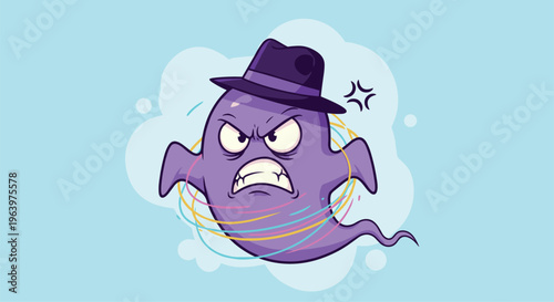 Grumpy purple ghost character wearing a black fedora hat and surrounded by swirling colorful energy on a blue background.