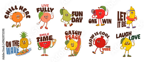 Funny tropical fruits y2k groovy stickers. Vector set of cartoon orange, peach, pear and apple, banana, pineapple or watermelon, lemon, pomegranate and lime, fruit characters with positive phrases