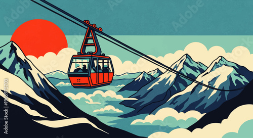 Alpine adventure awaits as a vibrant red cable car glides over a stunning mountain range, capturing the serene beauty of a sunrise above the clouds in a unique graphic style