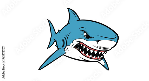 Fierce blue and white shark with a mean expression and sharp teeth swimming in an aggressive pose on a white background.