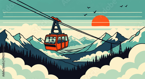 Retro illustration of a vibrant cable car ascending majestic snow-capped mountains above clouds during a picturesque sunset, symbolizing an adventurous alpine journey