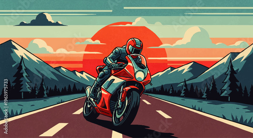 An exhilarating motorcycle journey through majestic mountains under the captivating glow of a fiery sunset, symbolizing freedom and adventure on the open road