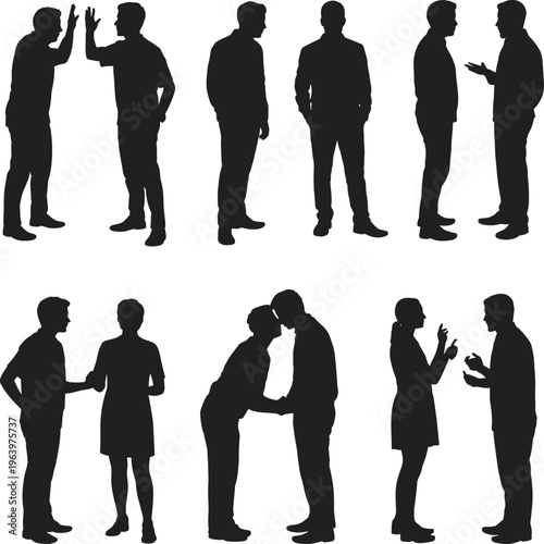 People communication silhouettes set, human interaction vector collection, conversation gestures, argument discussion, social behavior body language, isolated flat illustration design