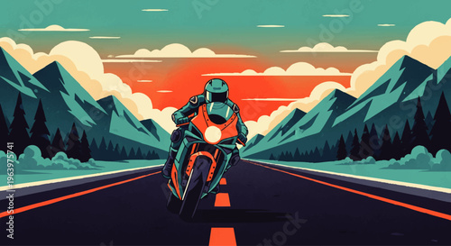 Dynamic illustration of a lone motorcyclist speeding down an open highway, flanked by stylized mountains under a vibrant sunset sky, capturing the exhilarating spirit of freedom and adventure