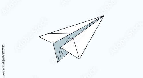 Simple paper airplane folded from a white sheet with grey shading flying upwards at an angle against a blue background.