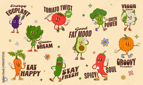 Funky y2k groovy vegetables stickers featuring dancing or walking characters. Funky vector eggplant, spinach, tomato, avocado, broccoli, cauliflower, carrot, cucumber, chili pepper, and pumpkin mascot