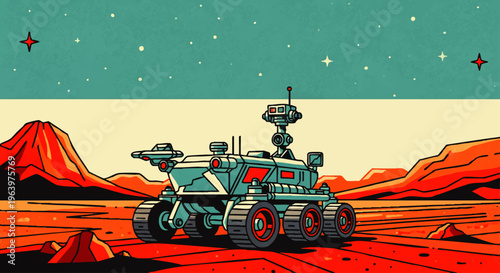 Retro-futuristic illustration of an advanced robotic rover exploring the rugged, red terrain of the Martian surface under a vast, starry sky, symbolizing cosmic discovery and space science