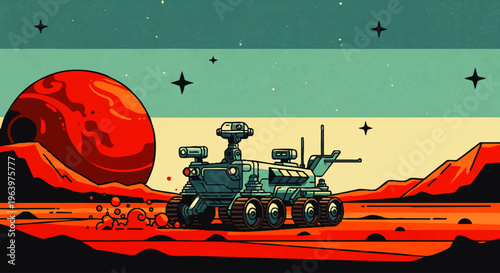 A stylized robotic rover navigates the rugged, alien terrain of a distant red planet, set against a starlit cosmic backdrop, symbolizing interstellar exploration and future discoveries