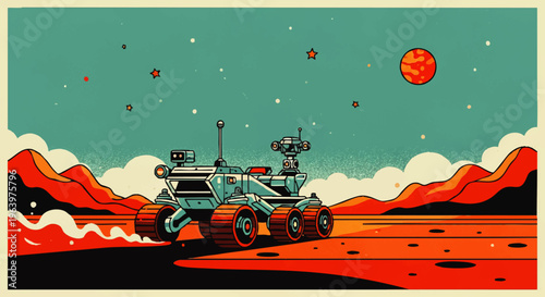 Vibrant retro-futuristic illustration of an advanced space rover navigating the vast, rocky terrain of a distant red planet under a captivating starry sky