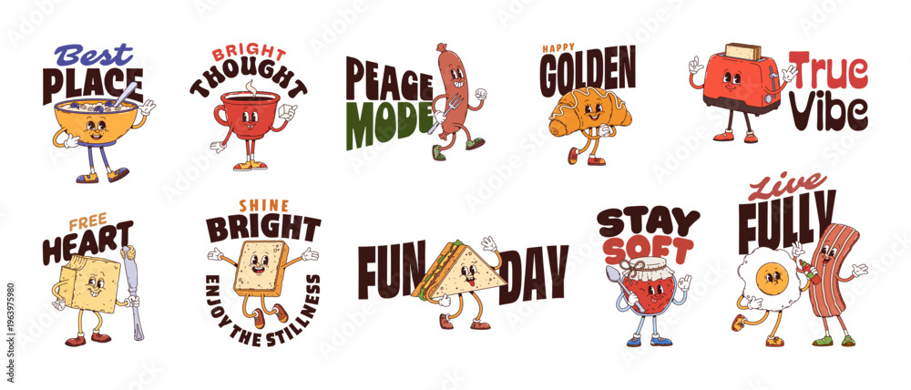 Obraz premium Breakfast food y2k groovy stickers. Cartoon vector cereal, coffee, sausage, croissant and toaster, butter, sandwich, jam, egg or bacon characters with motivational slogans bring fun and positive vibes