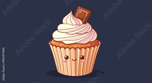Adorable chocolate cupcake character with a cute smiling face and pink cheeks topped with vanilla swirl frosting.