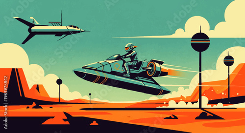 Dynamic retro-futuristic illustration of a pilot speeding a hoverbike across a stylized desert planet, with a soaring craft, depicting exciting future travel and exploration