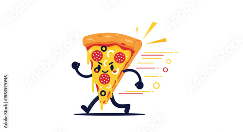 Happy slice of pepperoni pizza character with a smiling face running fast leaving motion lines on white background.