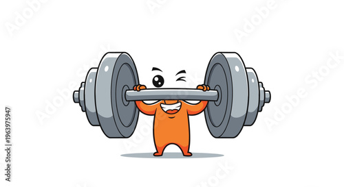 Strong orange cartoon character lifting a heavy dumbbell with a determined expression and a wink on white background.