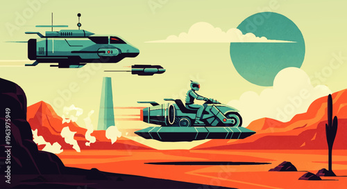 Retro-futuristic desert landscape with flying vehicles and a person riding a hoverbike