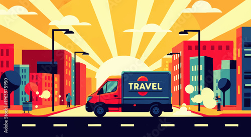 Expedition Vehicle Delivers Goods Through Urban Landscape Under Dramatic Sunrise