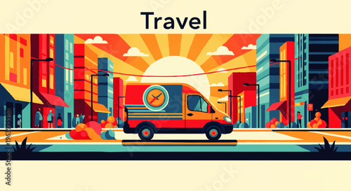 Dynamic flat design illustration of a delivery van on a bustling city street at sunset, symbolizing urban logistics and modern transportation