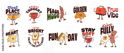 Breakfast food y2k groovy stickers. Cartoon vector cereal, coffee, sausage, croissant and toaster, butter, sandwich, jam, egg or bacon characters with motivational slogans bring fun and positive vibes