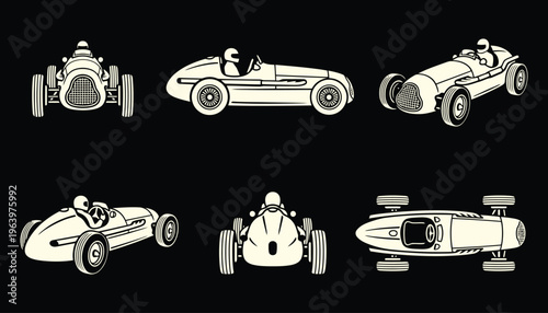Vintage racing car illustrations from multiple angles