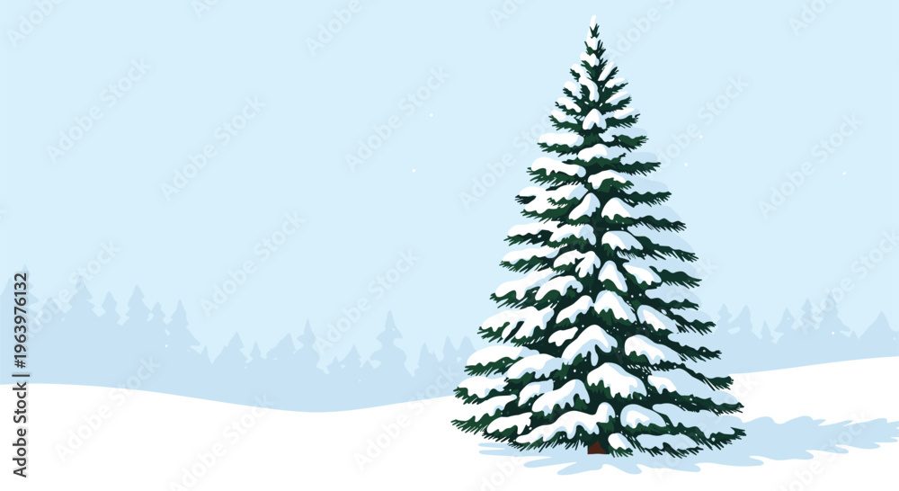 Obraz premium Large evergreen pine tree covered in white snow standing in a tranquil winter landscape with a distant forest line.