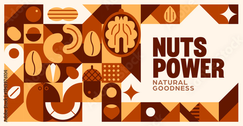 Natural nuts banner with geometric pattern. Vector healthy snack nutrition tile background featuring walnut, almond, cashew and peanut. Hazelnut, pistachio and acorn seed in warm brown and beige color
