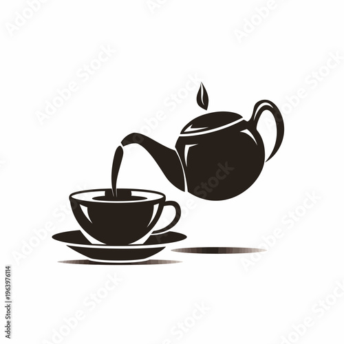 Black and white tea pouring from teapot into cup isolated on white background