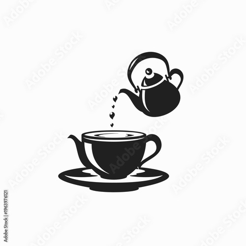 Black and white illustration of teapot pouring tea into a teacup