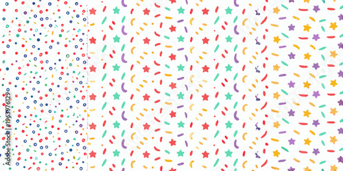 Colorful confetti and star pattern on a bright white background