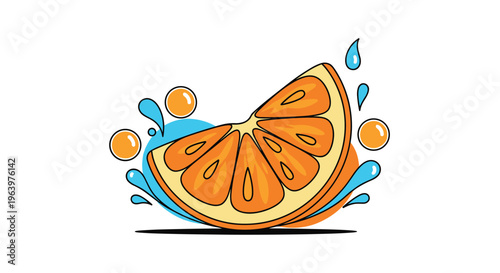 Juicy orange slice with blue water splashes and orange droplets, representing freshness and citrus flavor on white.