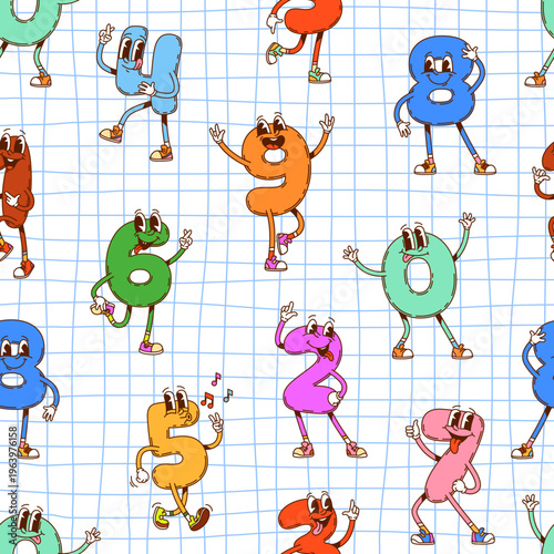 Groovy school math number characters pattern. Vector tile with funny digits dance joyfully on a grid background. Playful educational mathematics numeral personages with lively poses and vivid colors