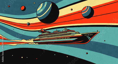 Elegant futuristic cruise ship soaring through a stunning, stylized cosmic expanse, showcasing opulent intergalactic travel among colorful planets and dynamic light streams
