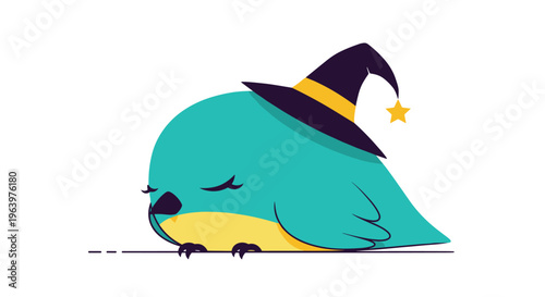 Sleeping blue bird character wearing a black witch hat with a yellow star, resting peacefully on a thin black line.