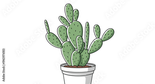 Prickly pear cactus plant with many green pads in a white pot, showing a simple and decorative indoor plant style.