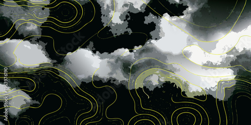 Abstract swirling lines and gray shades create a dynamic visual texture