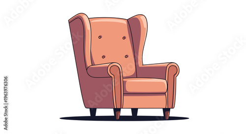 Comfortable pink wingback armchair with wooden legs and button-tufted back, providing a cozy and vintage feeling.