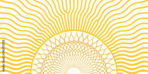 Abstract yellow sunburst design with intricate linear patterns and waves